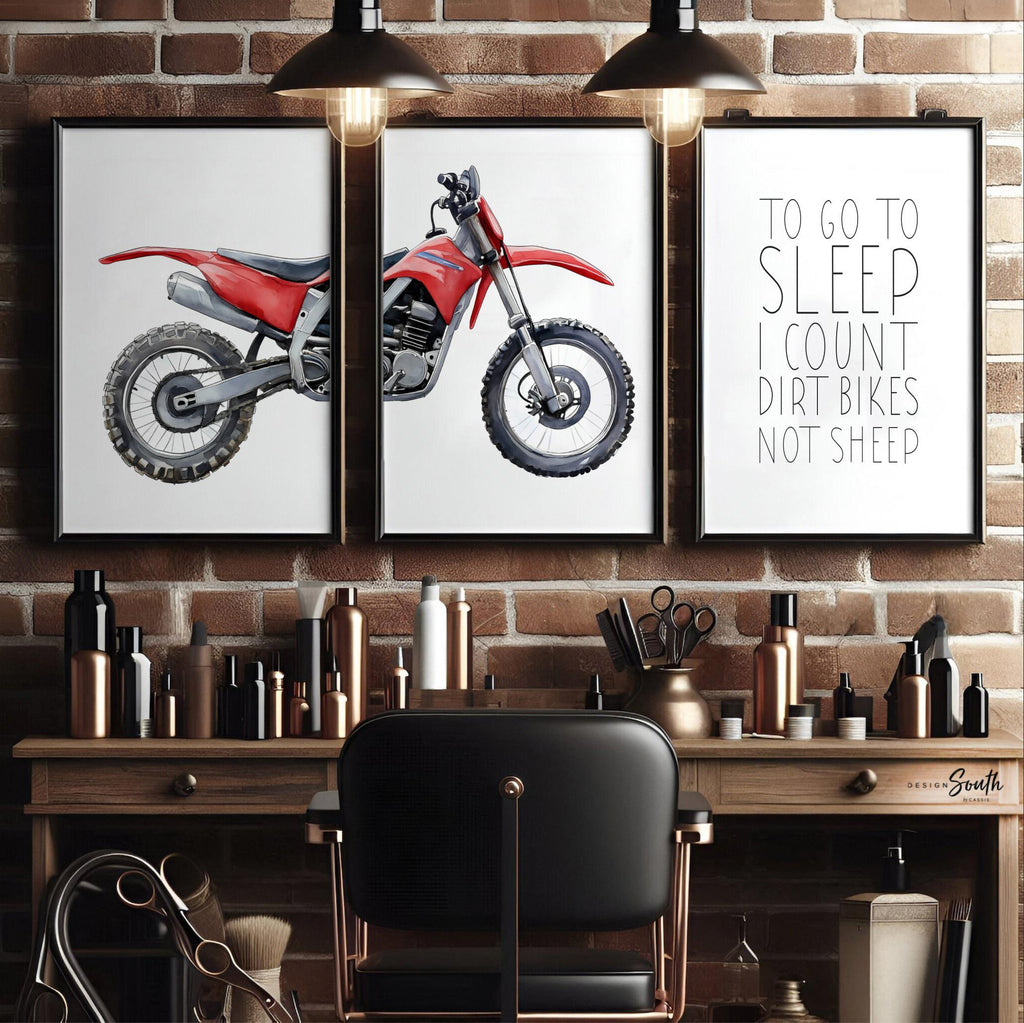 Red dirt bike wall art set of 3, watercolor motocross prints with quote ‘To go to sleep I count dirt bikes not sheep,’ boys room decor