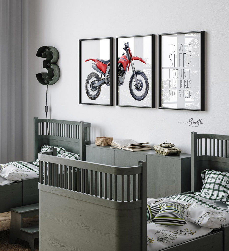 Red dirt bike wall art set of 3, watercolor motocross prints with quote ‘To go to sleep I count dirt bikes not sheep,’ boys room decor