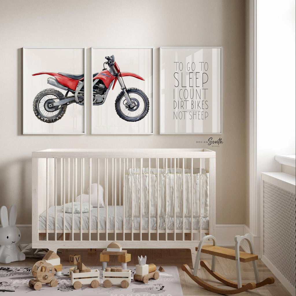 Red dirt bike wall art set of 3, watercolor motocross prints with quote ‘To go to sleep I count dirt bikes not sheep,’ boys room decor