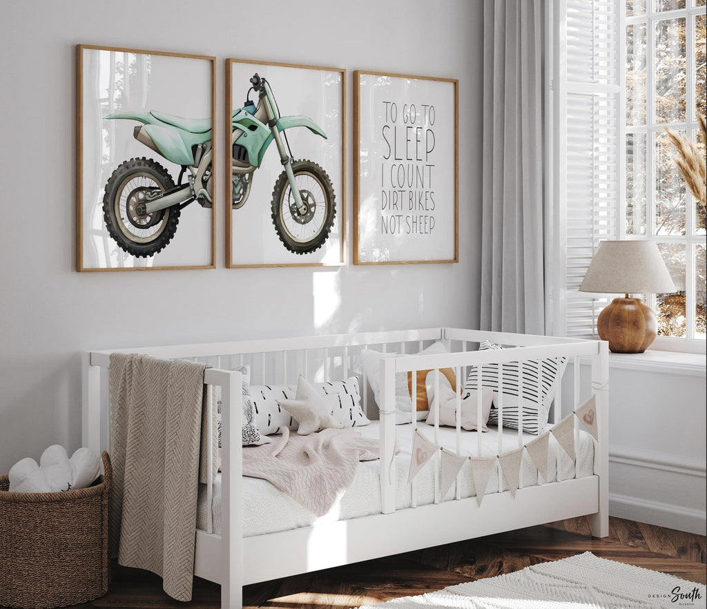 Teal green dirt bike wall art set of 3, watercolor motocross prints with quote ‘To go to sleep I count dirt bikes not sheep,’ boy room decor