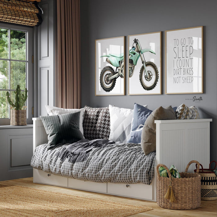 Teal green dirt bike wall art set of 3, watercolor motocross prints with quote ‘To go to sleep I count dirt bikes not sheep,’ boy room decor