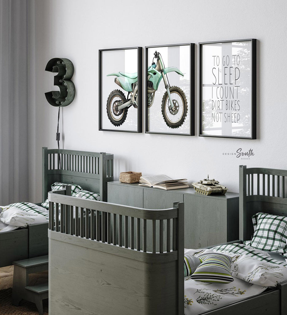 Teal green dirt bike wall art set of 3, watercolor motocross prints with quote ‘To go to sleep I count dirt bikes not sheep,’ boy room decor
