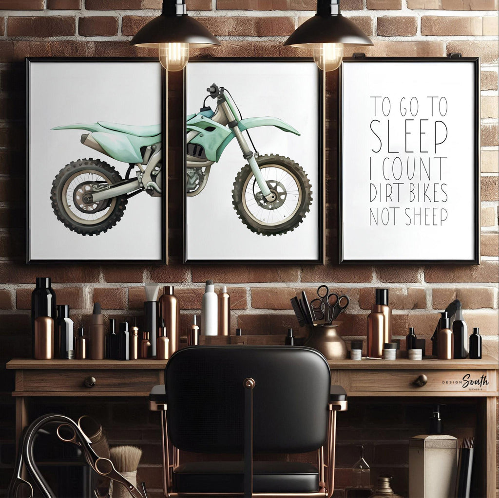 Teal green dirt bike wall art set of 3, watercolor motocross prints with quote ‘To go to sleep I count dirt bikes not sheep,’ boy room decor