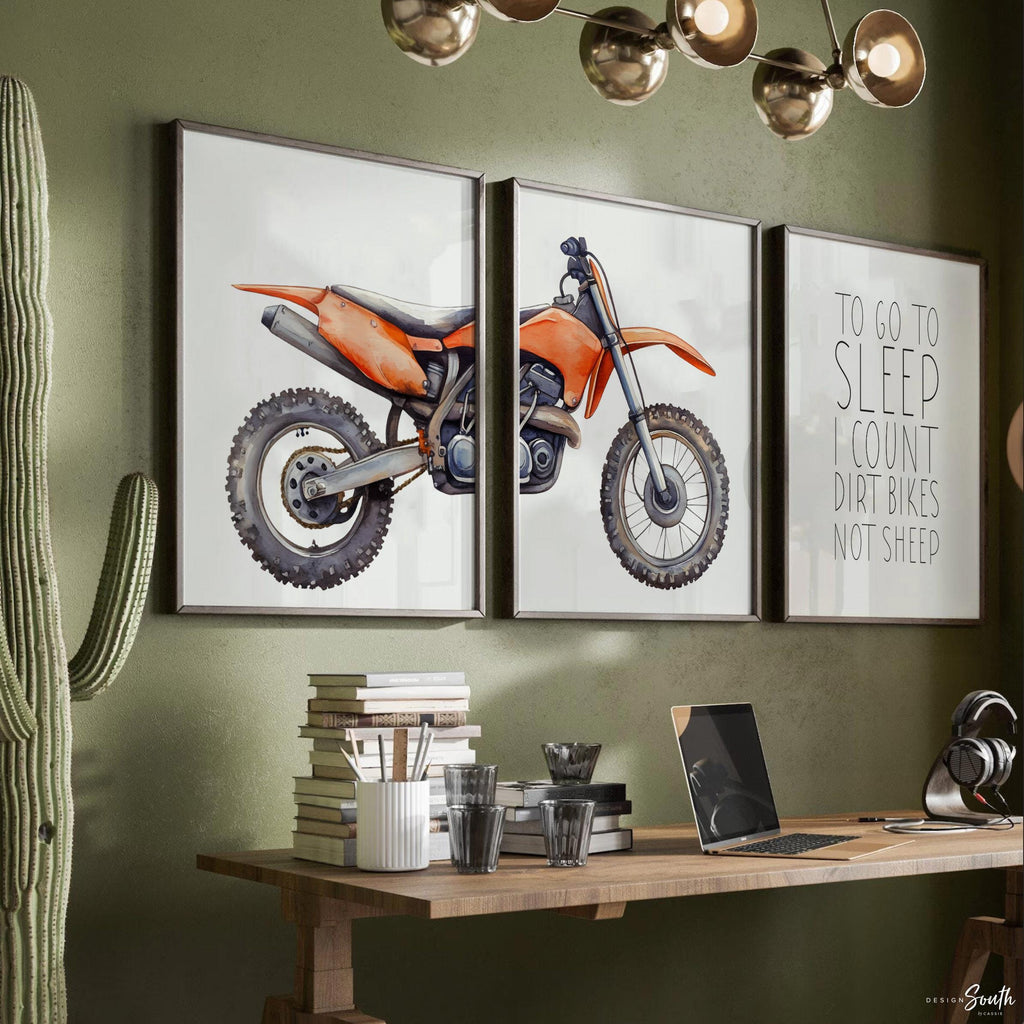 Orange dirt bike wall art set of 3, motocross prints with quote ‘To go to sleep I count dirt bikes not sheep,’ boys nursery decor