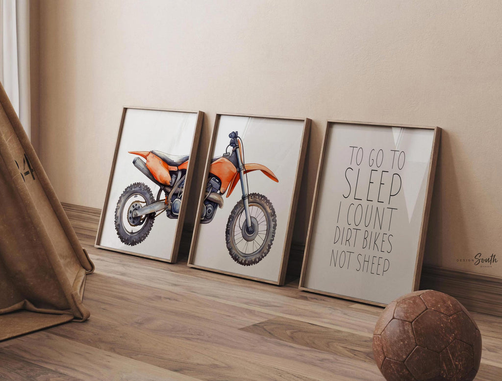 Orange dirt bike wall art set of 3, motocross prints with quote ‘To go to sleep I count dirt bikes not sheep,’ boys nursery decor