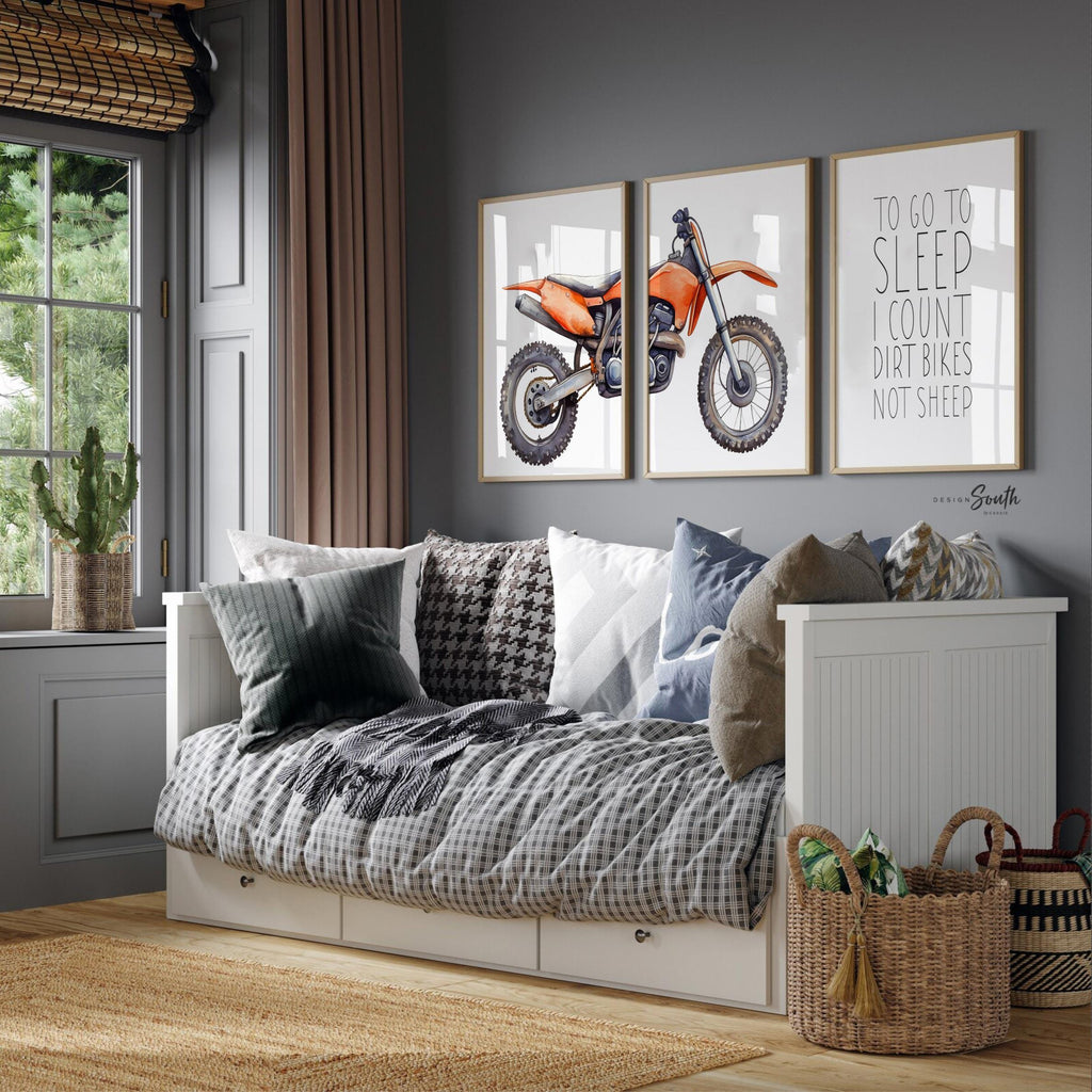 Orange dirt bike wall art set of 3, motocross prints with quote ‘To go to sleep I count dirt bikes not sheep,’ boys nursery decor