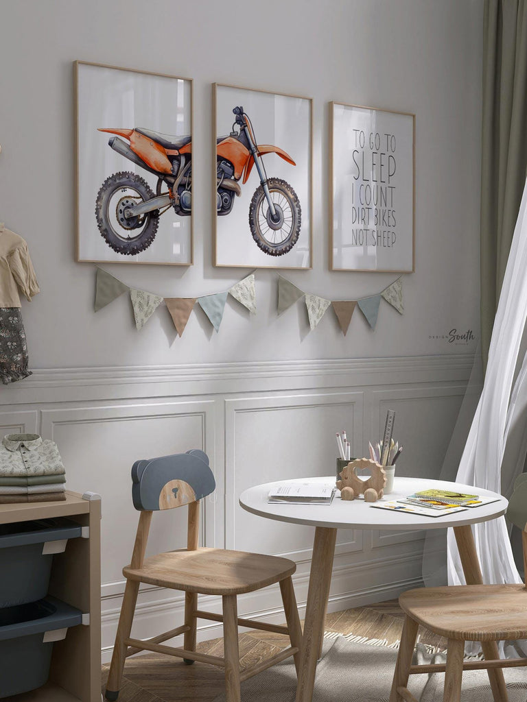 Orange dirt bike wall art set of 3, motocross prints with quote ‘To go to sleep I count dirt bikes not sheep,’ boys nursery decor