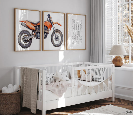 Orange dirt bike wall art set of 3, motocross prints with quote ‘To go to sleep I count dirt bikes not sheep,’ boys nursery decor