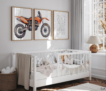 Orange dirt bike wall art set of 3, motocross prints with quote ‘To go to sleep I count dirt bikes not sheep,’ boys nursery decor