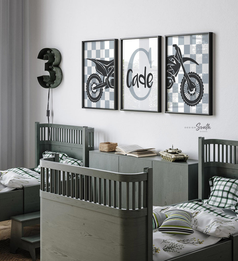 Dirt bike room, customized name motocross dirt bike wall art boys room, dirt bike theme bedroom playroom nursery, boys gift dirt bike gray