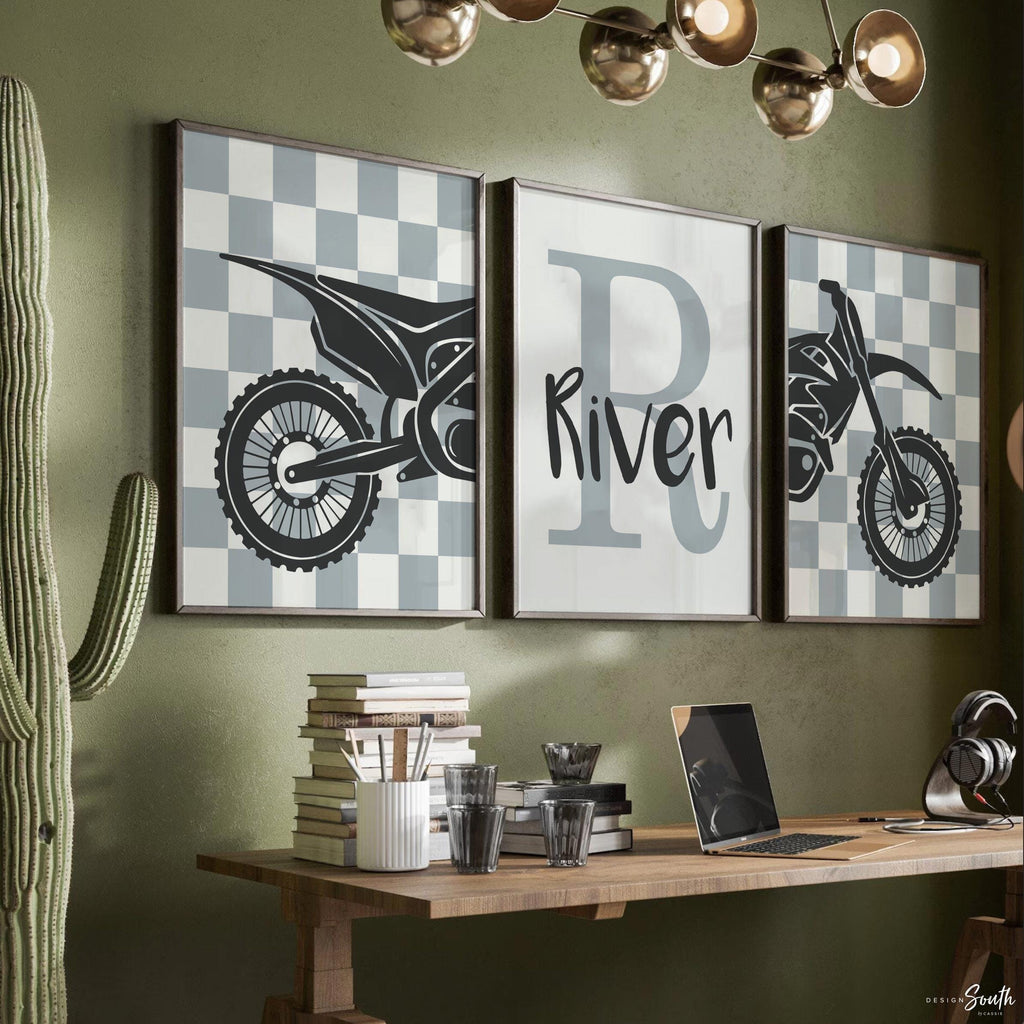 Dirt bike room, customized name motocross dirt bike wall art boys room, dirt bike theme bedroom playroom nursery, boys gift dirt bike gray