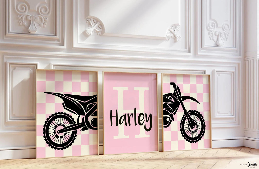 Girls dirt bike wall art, pink motocross racing prints, personalized moto girl decor, motorbike art for girls bedroom or playroom