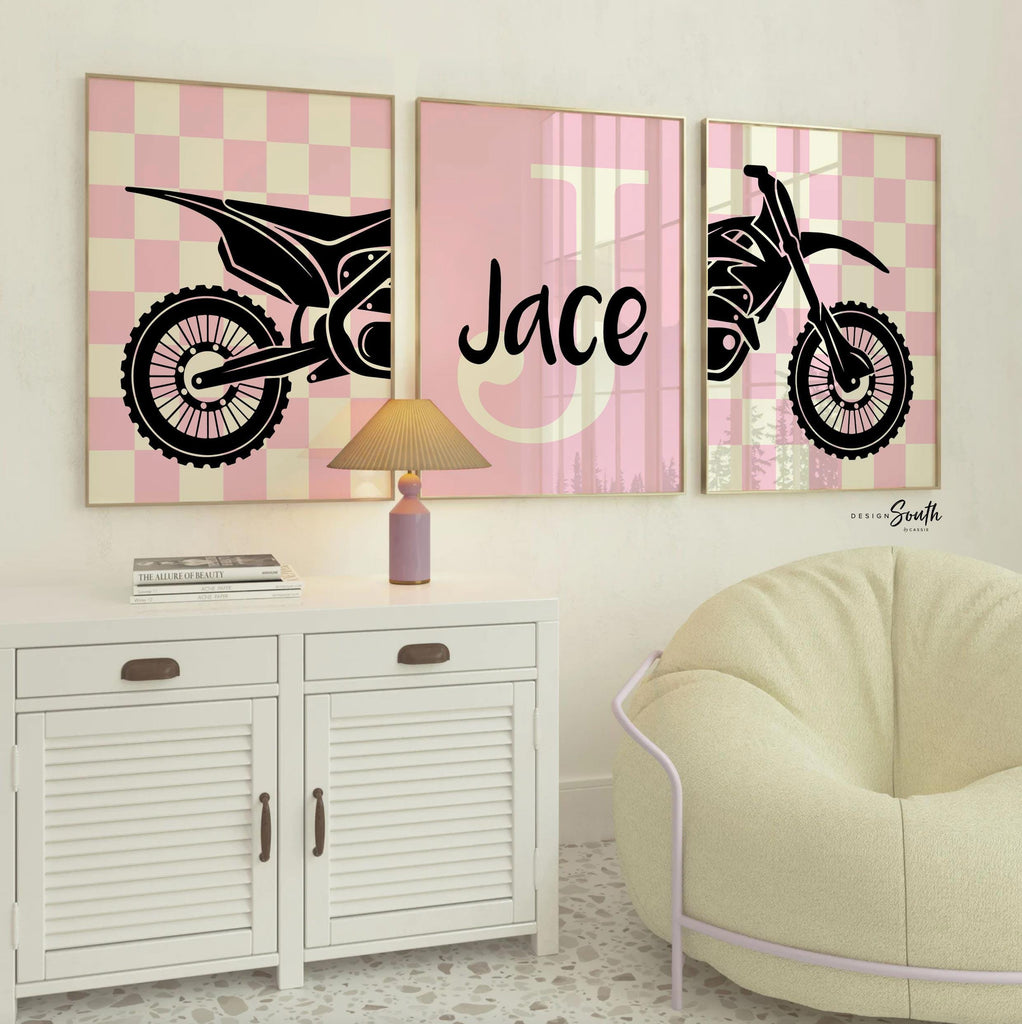 Girls dirt bike wall art, pink motocross racing prints, personalized moto girl decor, motorbike art for girls bedroom or playroom