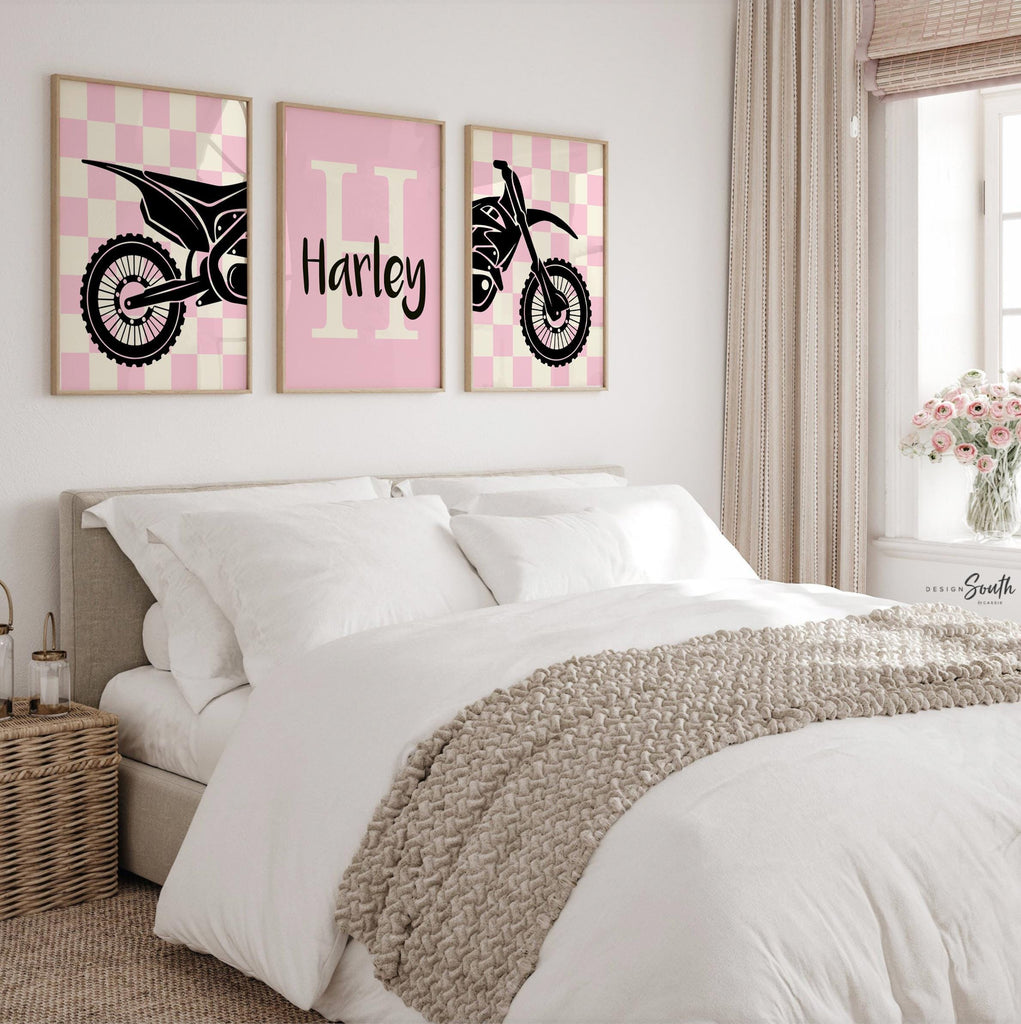 Girls dirt bike wall art, pink motocross racing prints, personalized moto girl decor, motorbike art for girls bedroom or playroom