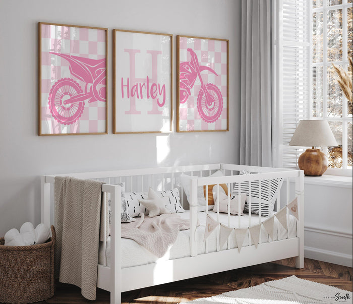 Pink dirt bike wall art set, girls motocross racing prints, personalized moto girl bedroom decor, motorbike wall art for nursery