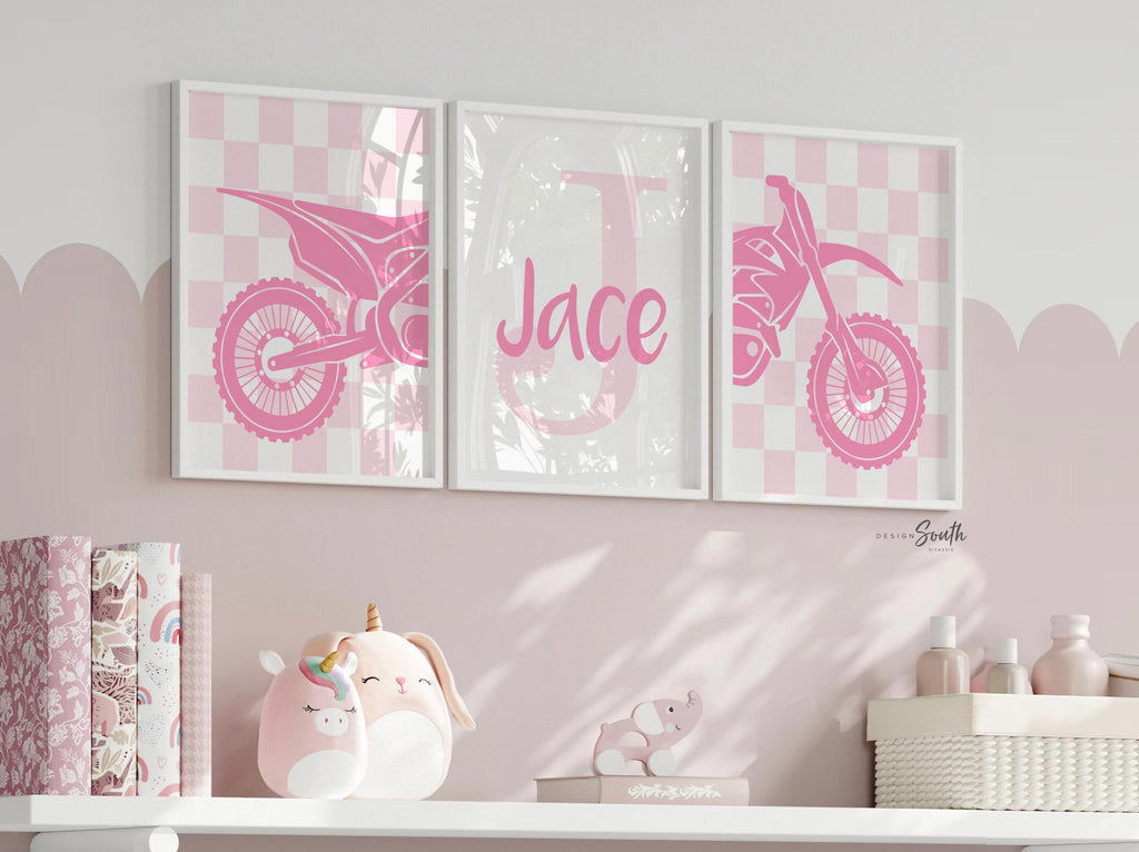 Pink dirt bike wall art set, girls motocross racing prints, personalized moto girl bedroom decor, motorbike wall art for nursery