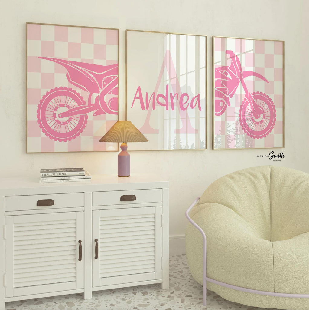 Pink dirt bike wall art set, girls motocross racing prints, personalized moto girl bedroom decor, motorbike wall art for nursery