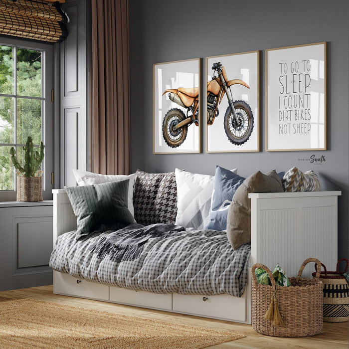 Brown dirt bike wall art set of 3, motocross prints with quote ‘To go to sleep I count dirt bikes not sheep,’ boys nursery decor