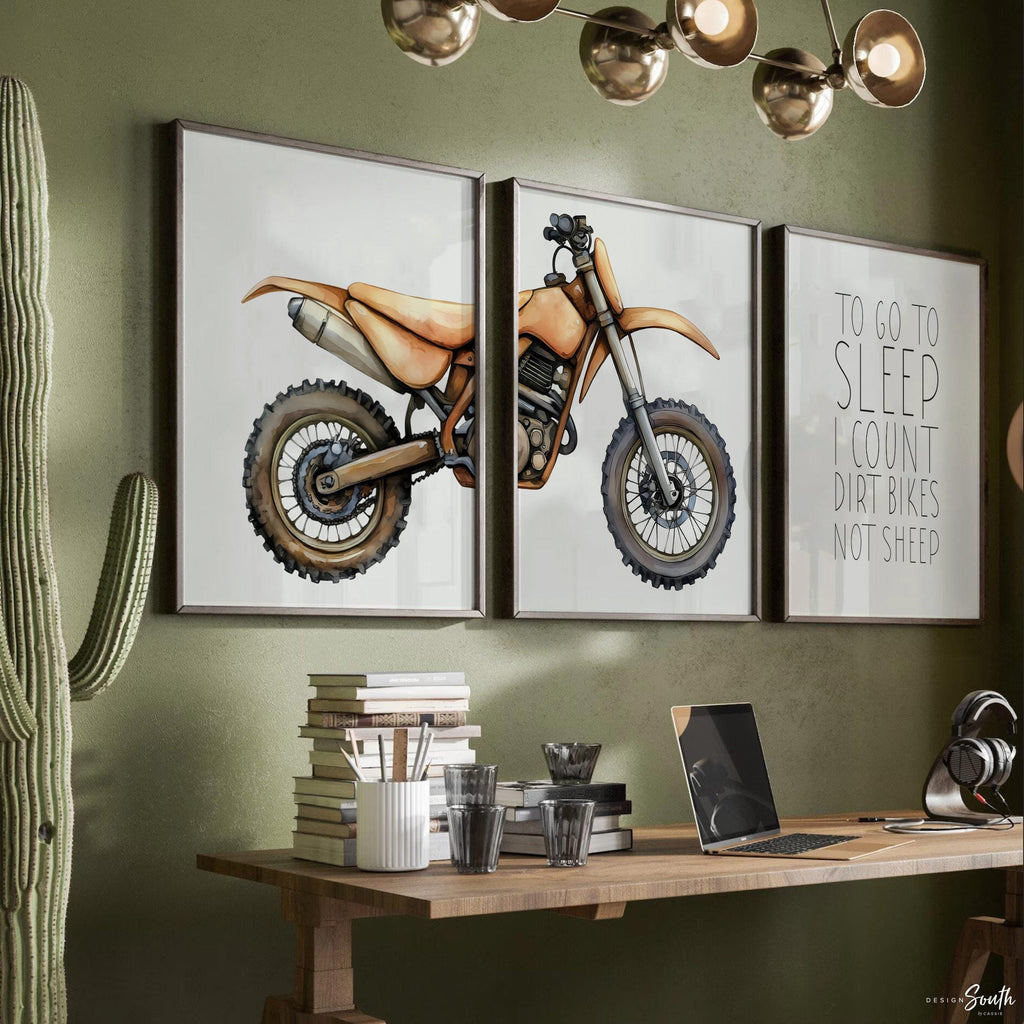 Brown dirt bike wall art set of 3, motocross prints with quote ‘To go to sleep I count dirt bikes not sheep,’ boys nursery decor