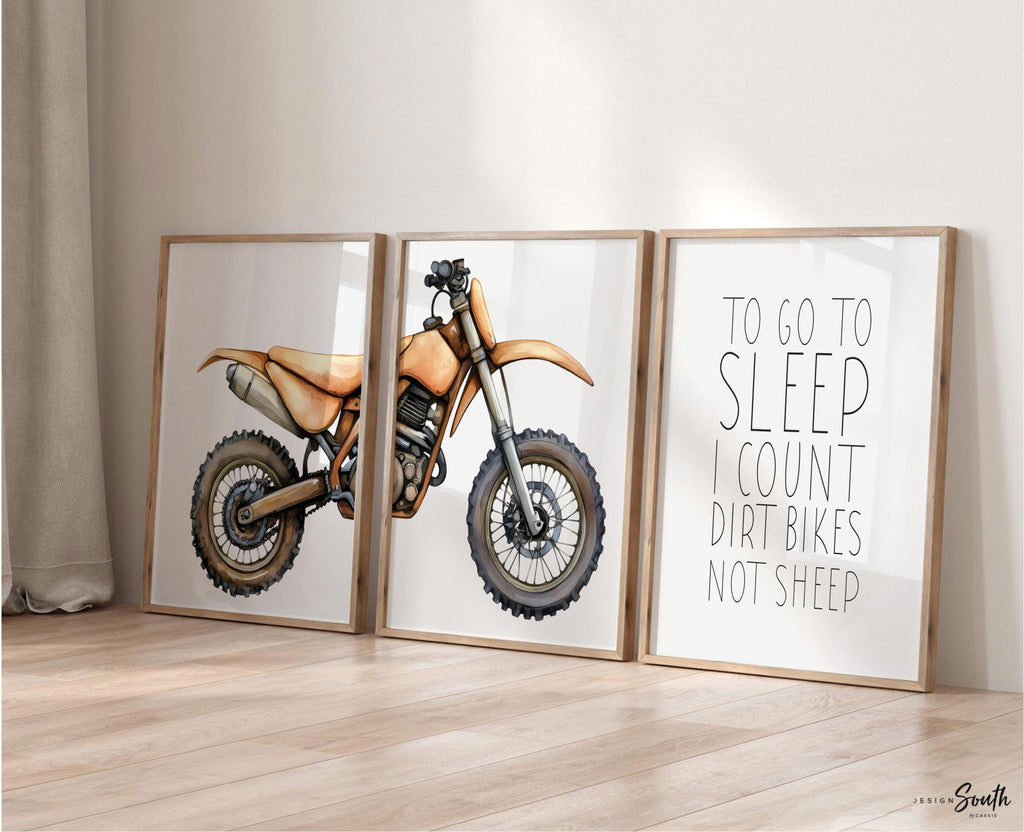 Brown dirt bike wall art set of 3, motocross prints with quote ‘To go to sleep I count dirt bikes not sheep,’ boys nursery decor
