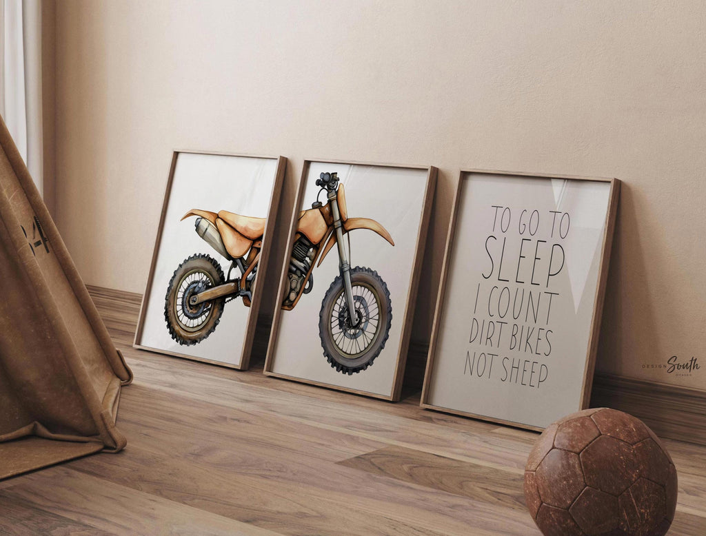 Brown dirt bike wall art set of 3, motocross prints with quote ‘To go to sleep I count dirt bikes not sheep,’ boys nursery decor
