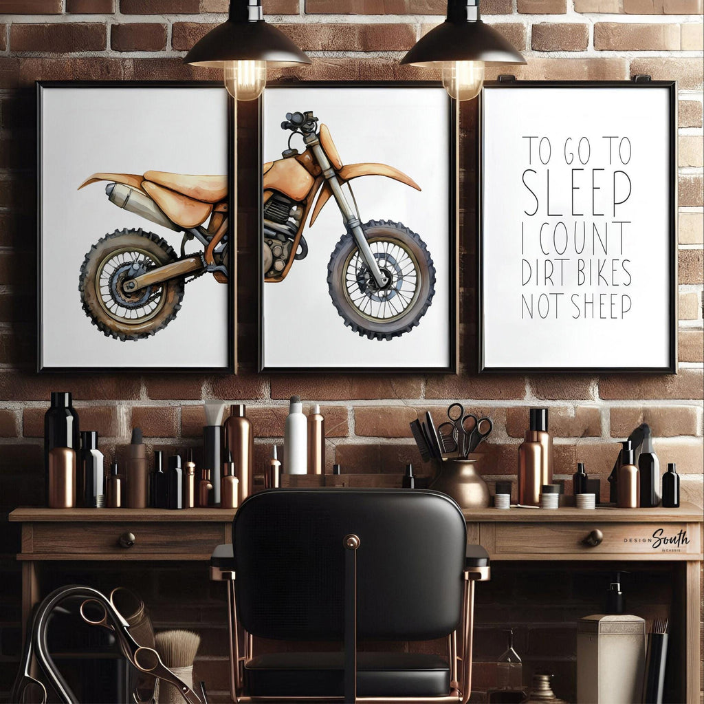 Brown dirt bike wall art set of 3, motocross prints with quote ‘To go to sleep I count dirt bikes not sheep,’ boys nursery decor