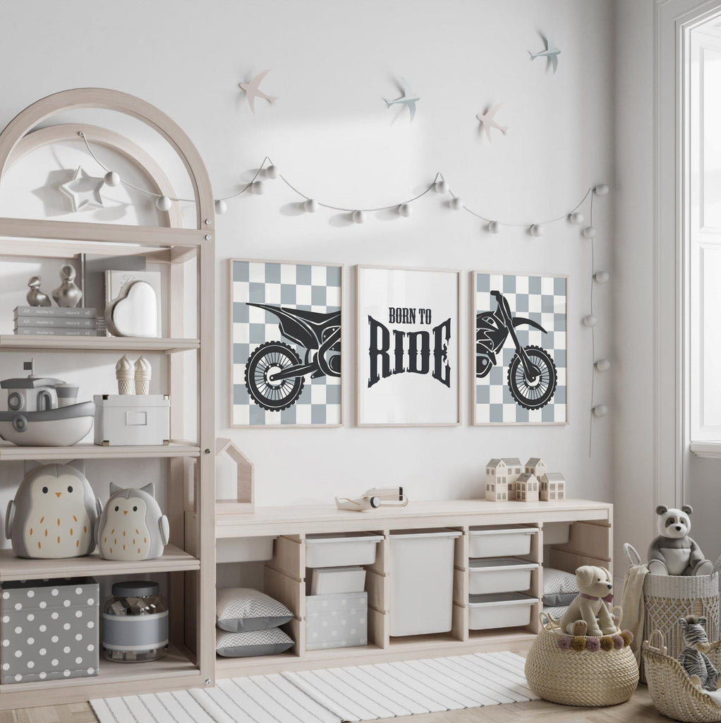 Dirt bike wall art set of 3, motocross diptych with gray checkered backgrounds and quote print ‘Born to Ride,’ boys room decor