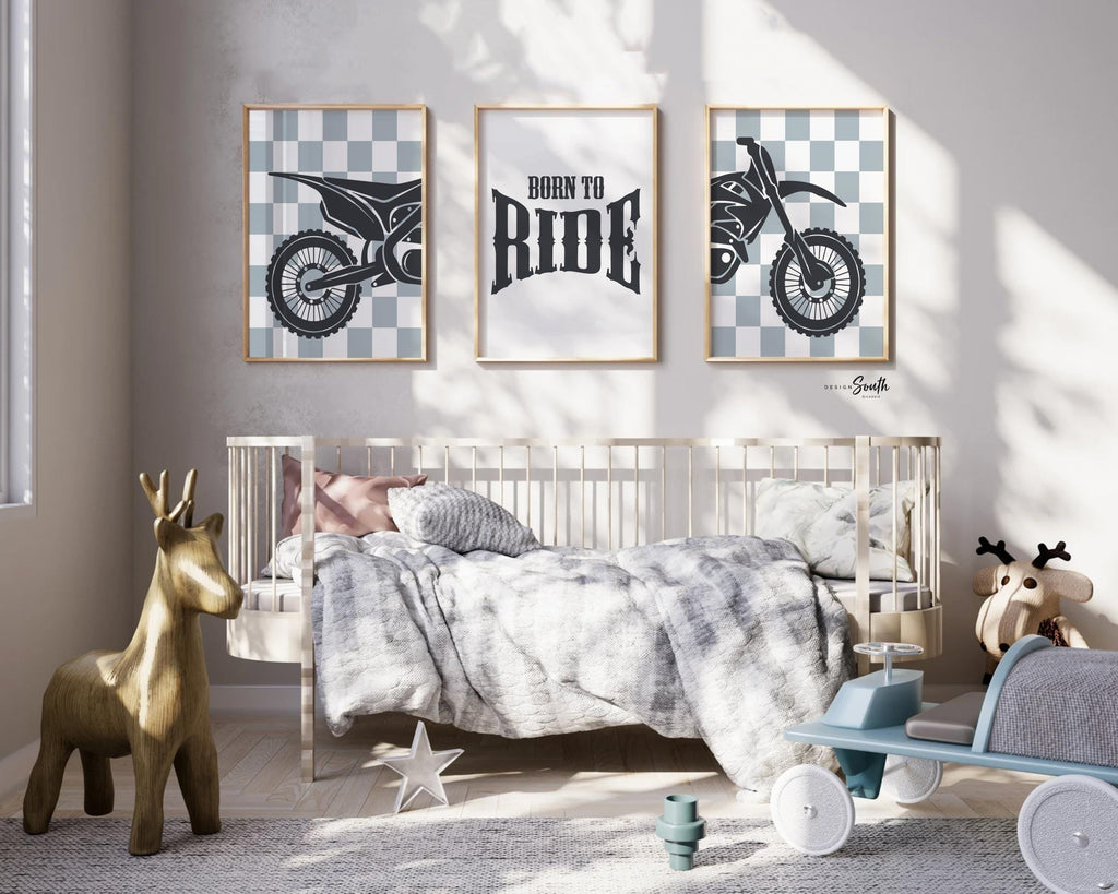 Dirt bike wall art set of 3, motocross diptych with gray checkered backgrounds and quote print ‘Born to Ride,’ boys room decor