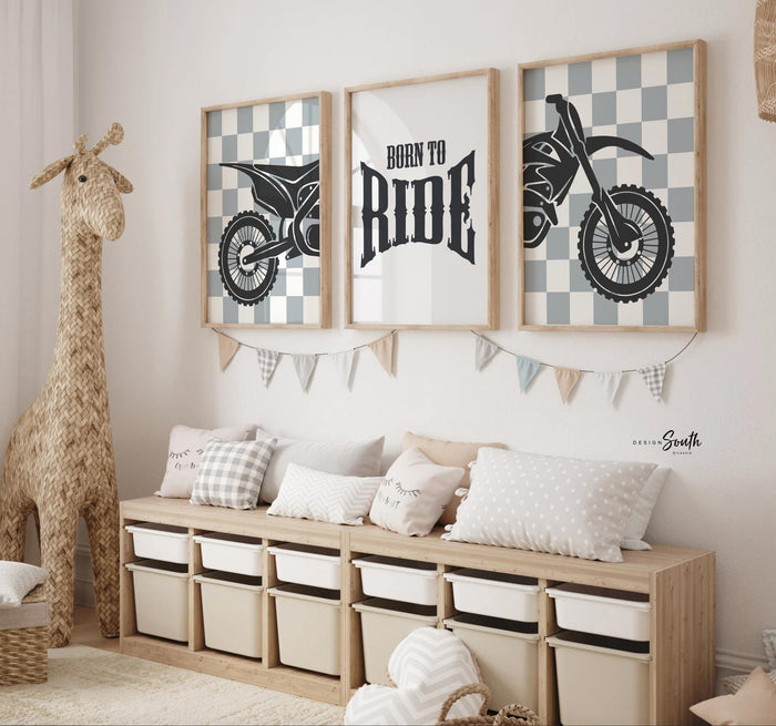 Dirt bike wall art set of 3, motocross diptych with gray checkered backgrounds and quote print ‘Born to Ride,’ boys room decor