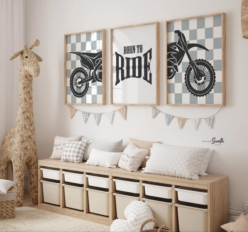 Dirt bike wall art set of 3, motocross diptych with gray checkered backgrounds and quote print ‘Born to Ride,’ boys room decor