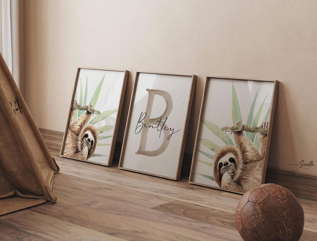 Sloth Nursery Wall Art for Boys: Tropical Watercolor Prints with Personalized Name