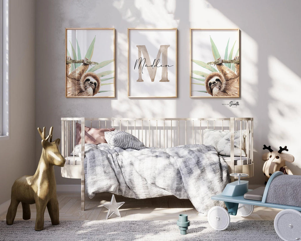 Sloth Nursery Wall Art for Boys: Tropical Watercolor Prints with Personalized Name