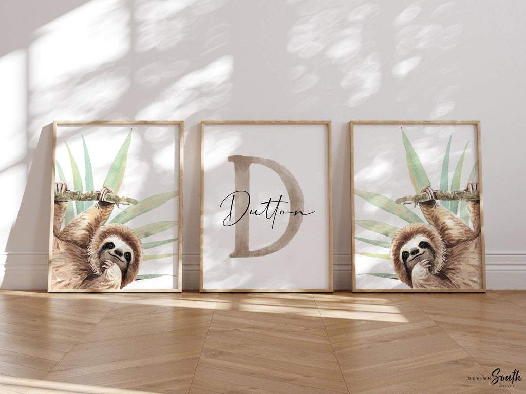 Sloth Nursery Wall Art for Boys: Tropical Watercolor Prints with Personalized Name