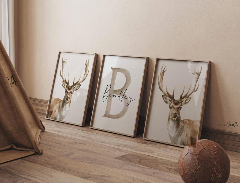 Hunter Nursery Wall Art Set of 3, Personalized Boys Name & Initial Prints, Watercolor Deer Decor, Neutral Forest Bedroom
