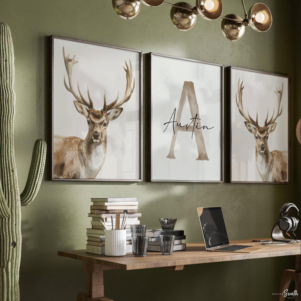 Hunter Nursery Wall Art Set of 3, Personalized Boys Name & Initial Prints, Watercolor Deer Decor, Neutral Forest Bedroom