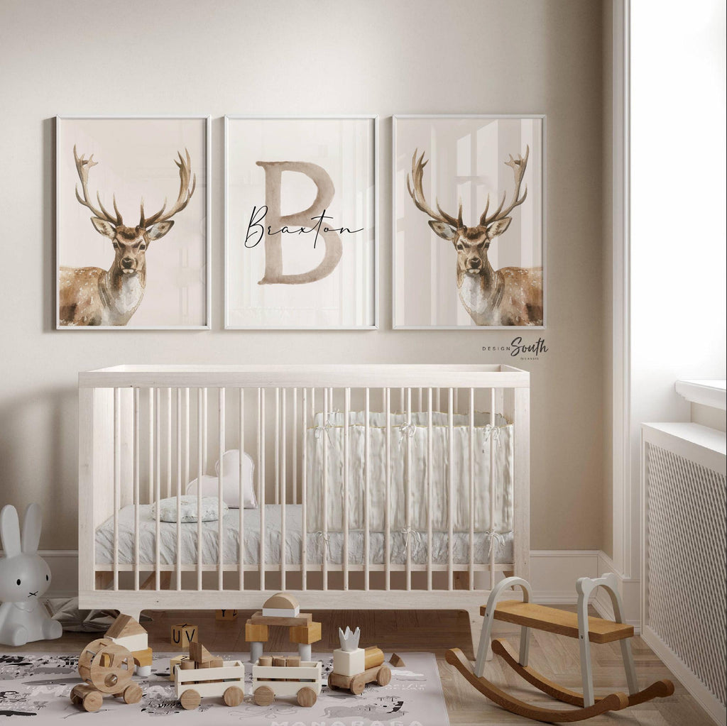 Hunter Nursery Wall Art Set of 3, Personalized Boys Name & Initial Prints, Watercolor Deer Decor, Neutral Forest Bedroom