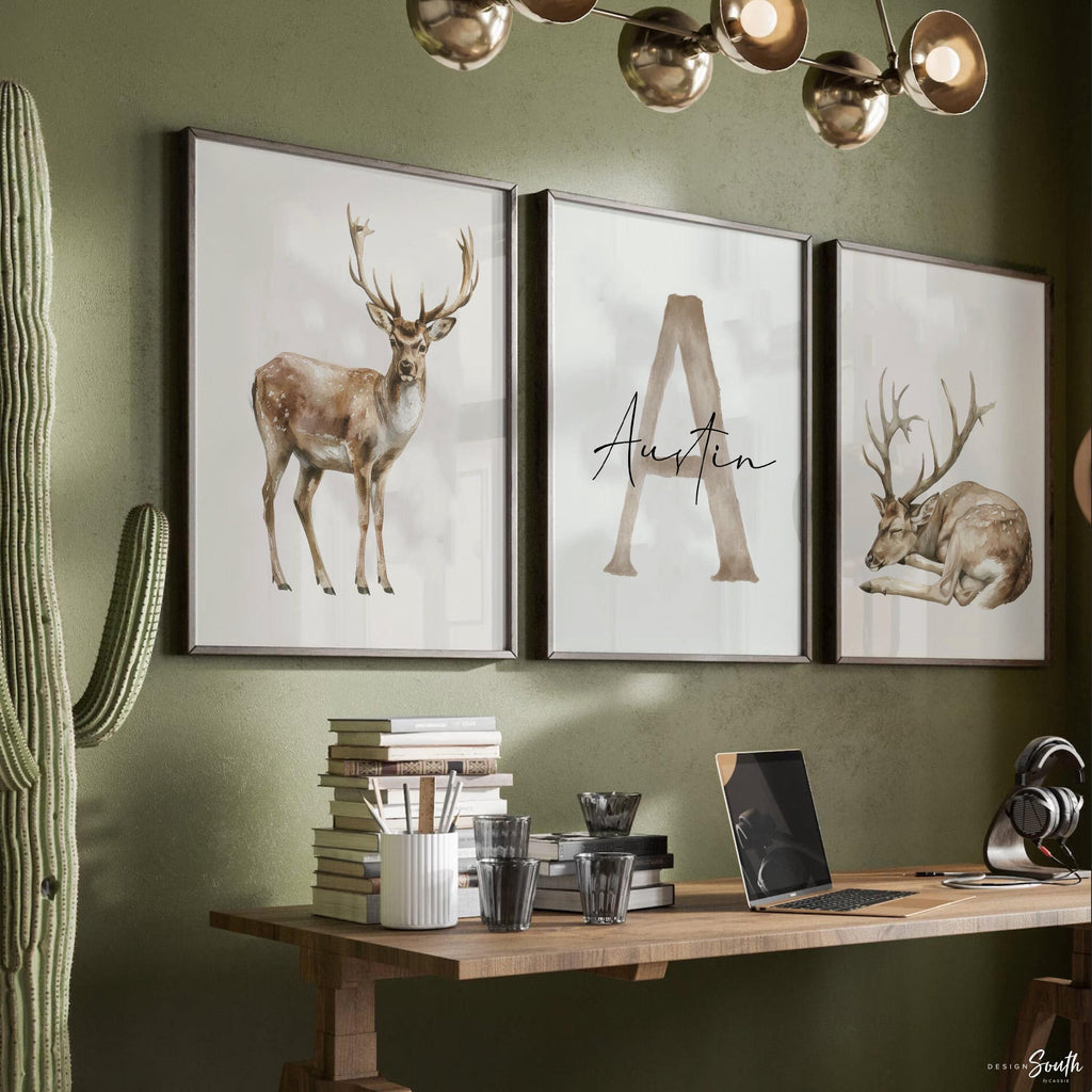 Set of 3 Deer Wall Art Prints, Personalized Boys Name & Initial, Watercolor Buck Nursery Decor, Neutral Earthy Forest Bedroom
