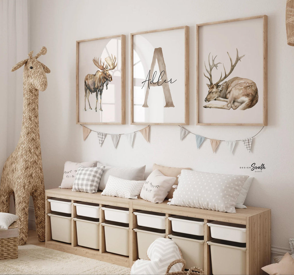 Set of 3 Deer Wall Art Prints, Personalized Boys Name & Initial, Watercolor Buck Nursery Decor, Neutral Earthy Forest Bedroom