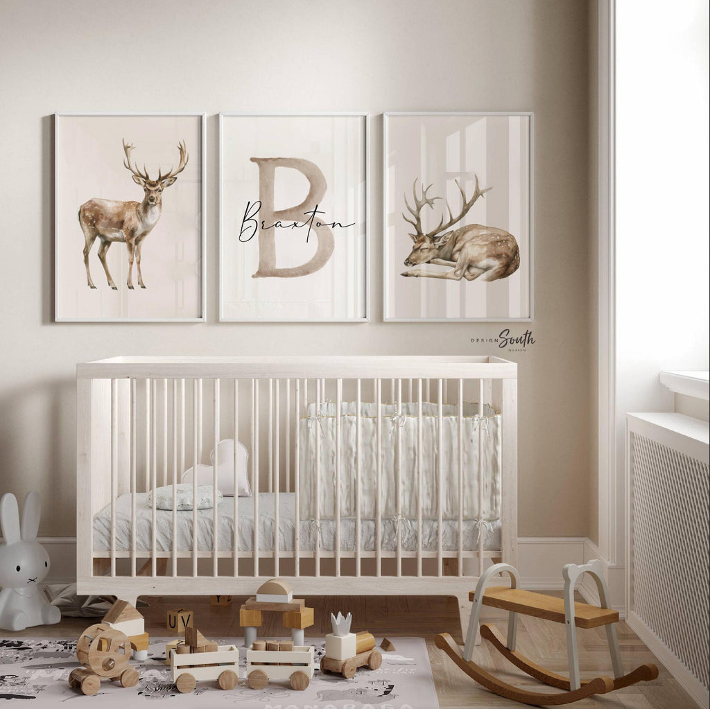 Set of 3 Deer Wall Art Prints, Personalized Boys Name & Initial, Watercolor Buck Nursery Decor, Neutral Earthy Forest Bedroom