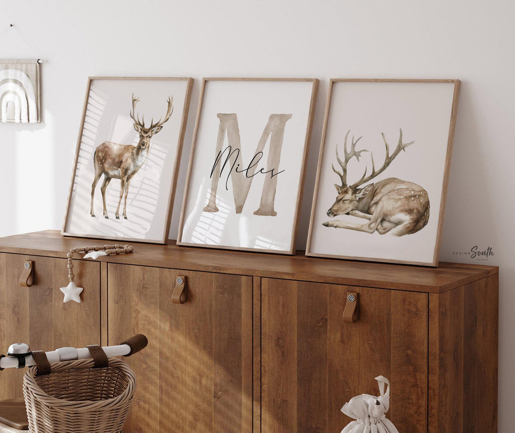 Set of 3 Deer Wall Art Prints, Personalized Boys Name & Initial, Watercolor Buck Nursery Decor, Neutral Earthy Forest Bedroom