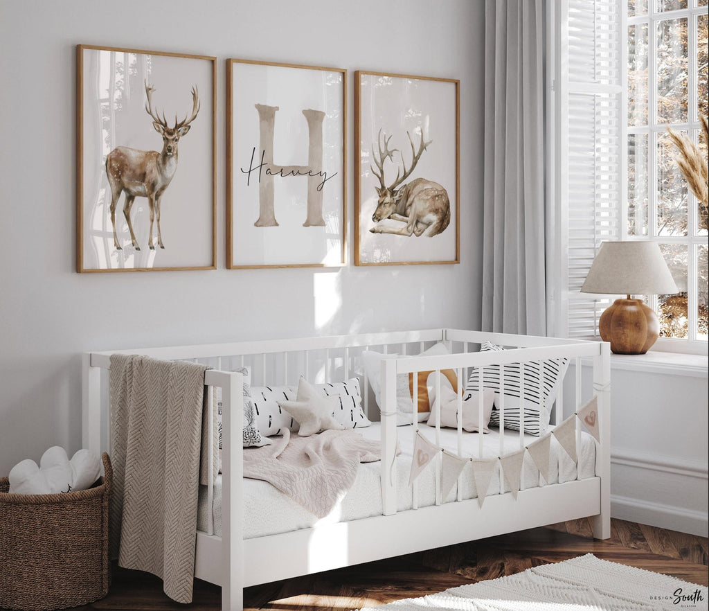 Set of 3 Deer Wall Art Prints, Personalized Boys Name & Initial, Watercolor Buck Nursery Decor, Neutral Earthy Forest Bedroom