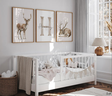 Set of 3 Deer Wall Art Prints, Personalized Boys Name & Initial, Watercolor Buck Nursery Decor, Neutral Earthy Forest Bedroom