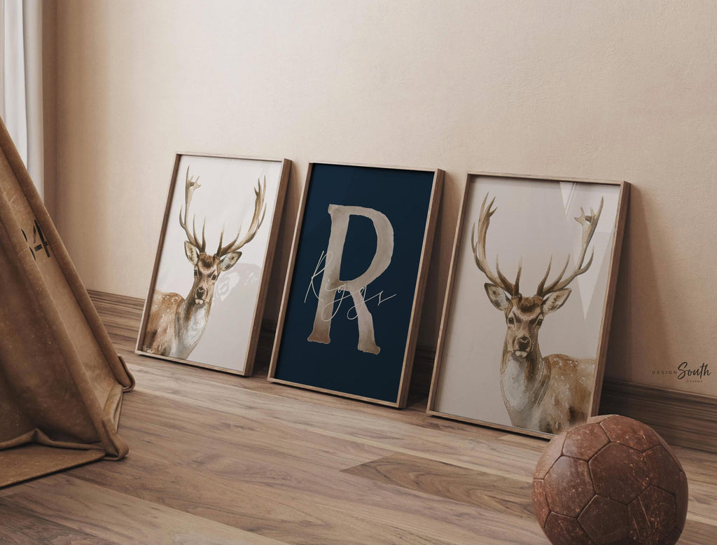 Little Hunter Deer Wall Art Set of 3, Personalized Boys Name & Initial, Watercolor Buck Prints, Rustic Forest Nursery Decor