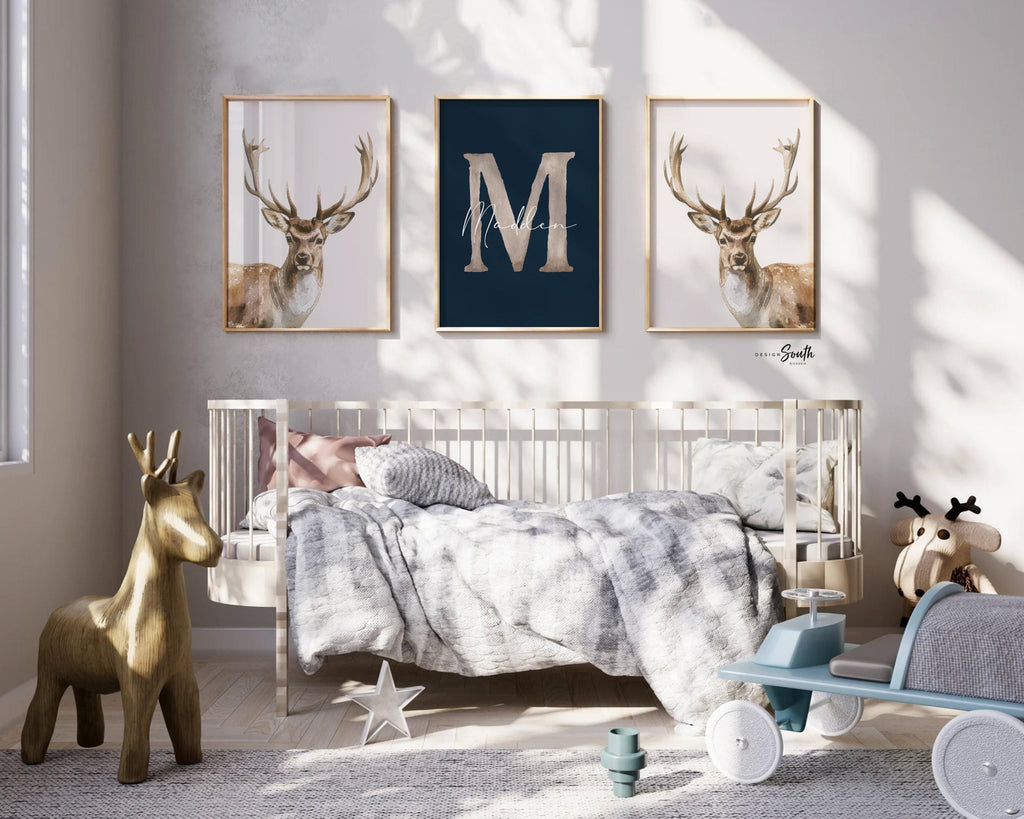 Little Hunter Deer Wall Art Set of 3, Personalized Boys Name & Initial, Watercolor Buck Prints, Rustic Forest Nursery Decor