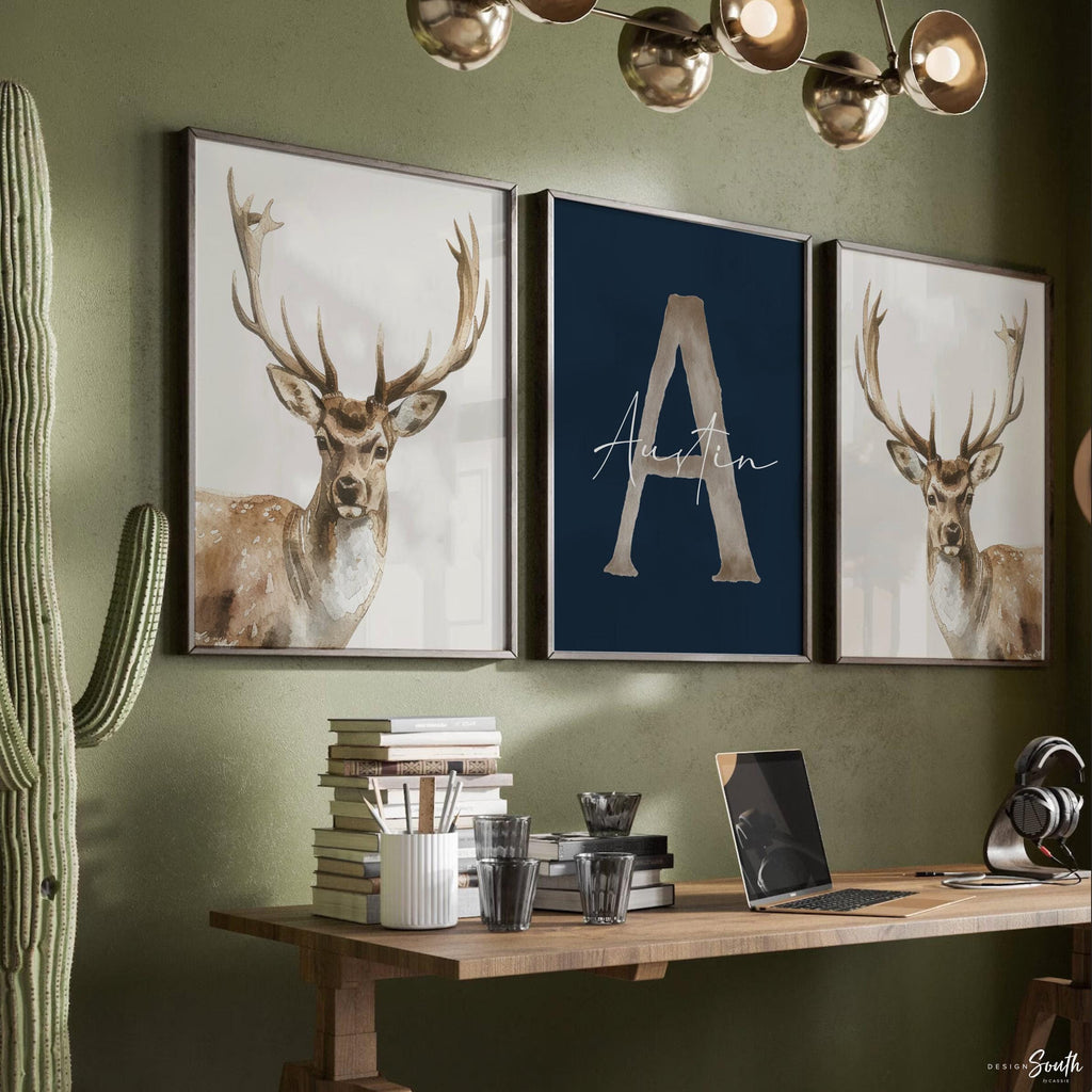 Little Hunter Deer Wall Art Set of 3, Personalized Boys Name & Initial, Watercolor Buck Prints, Rustic Forest Nursery Decor