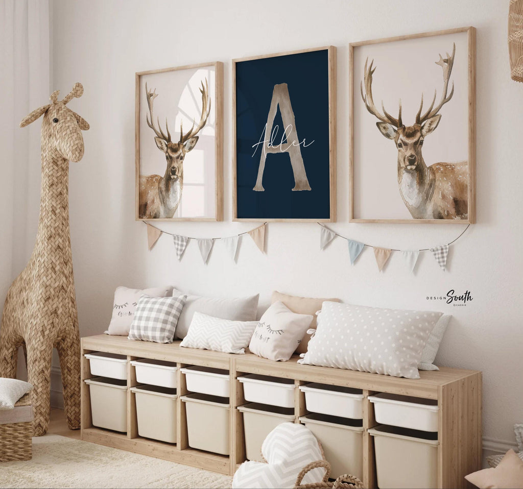 Little Hunter Deer Wall Art Set of 3, Personalized Boys Name & Initial, Watercolor Buck Prints, Rustic Forest Nursery Decor