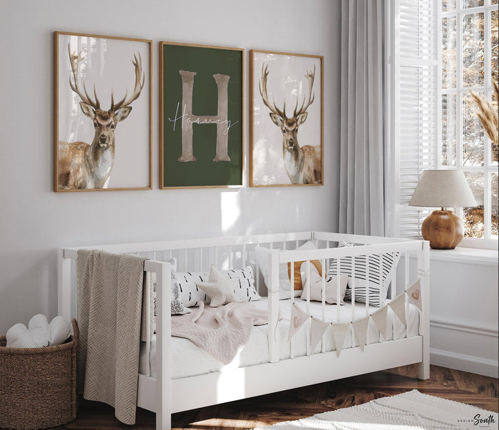 Hunter Green Deer Wall Art Set of 3, Personalized Boys Name & Initial Prints, Watercolor Buck Nursery Decor, Buck Deer Theme Bedroom