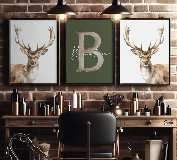 Hunter Green Deer Wall Art Set of 3, Personalized Boys Name & Initial Prints, Watercolor Buck Nursery Decor, Buck Deer Theme Bedroom