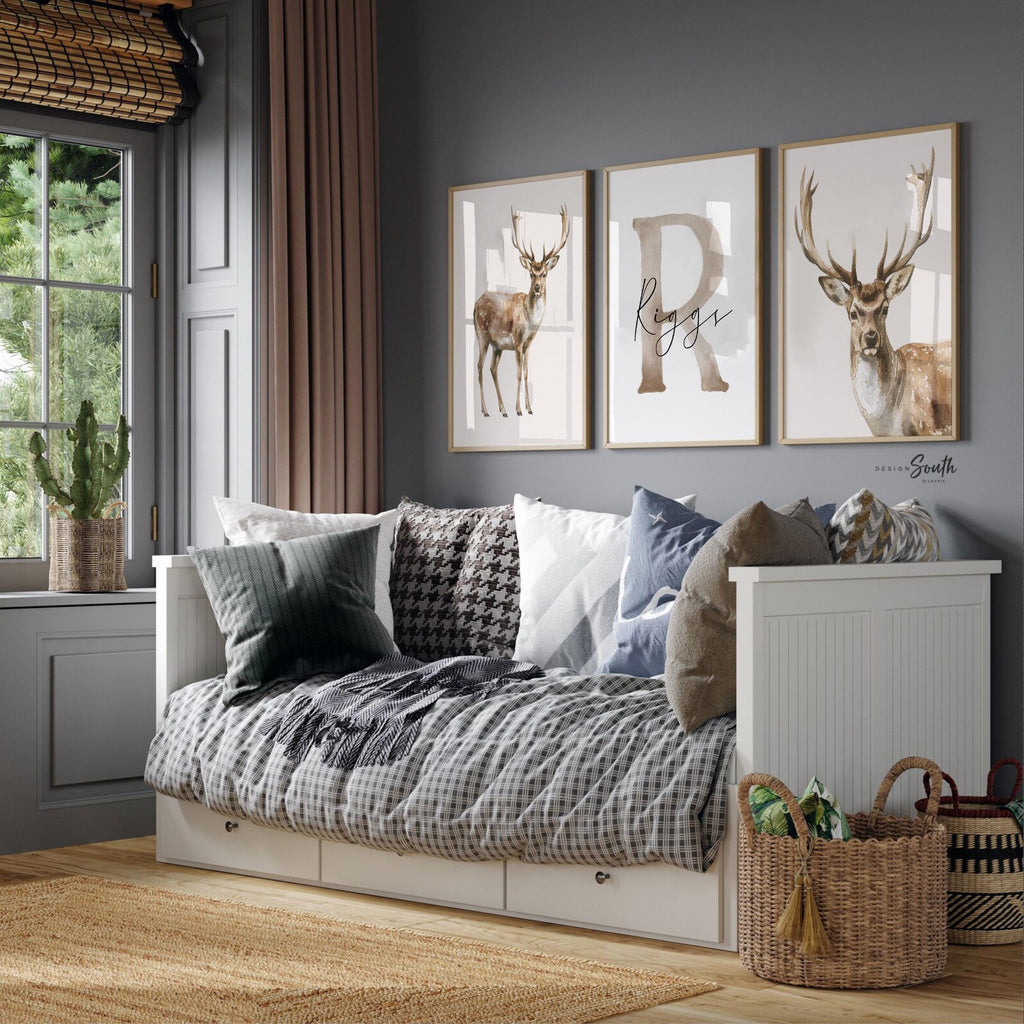 Little Hunter Deer Wall Art Set of 3, Personalized Boys Name & Initial Prints, Watercolor Buck Nursery Decor, Rustic Forest Bedroom