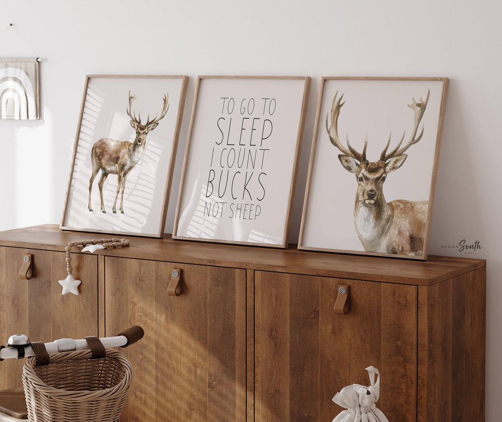 Deer Wall Art Set of 3 with Quote ‘To Go To Sleep I Count Bucks Not Sheep,’ Watercolor Buck Prints, Rustic Woodland Nursery Decor